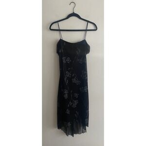 Vintage Dress Black Drape Neck Asymmetrical‎ Floral Fairy Grunge Size M